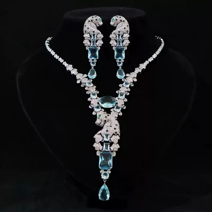 Luxurious Sky Blue Zircon Necklace and Earrings - Blue Jewelry Set