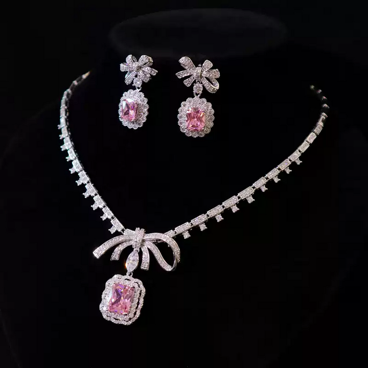 Vintage-Inspired Pink Gemstone Necklace and Earrings Set – Elegant Bridal Jewelry Set