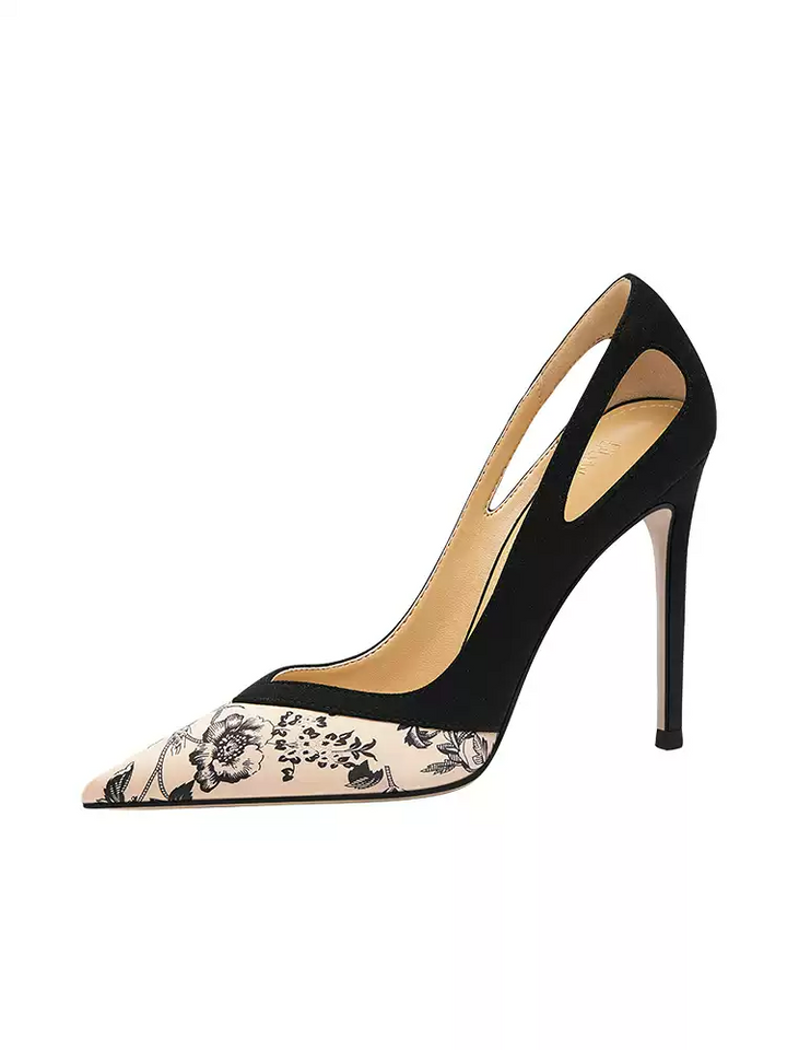 Vintage-Inspired Black Suede Stiletto Heels with Floral Print Accents