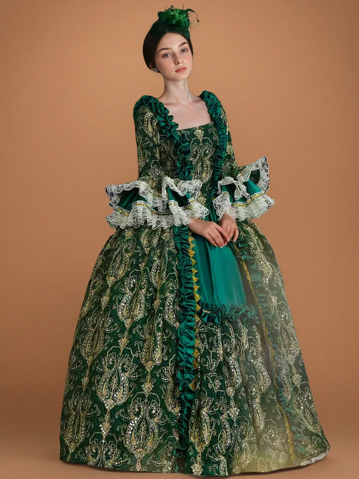 Marie Antoinette Rococo Style Dress in Green Brocade with Lace Bell Sleeves – Victorian Ball Gown Plus Size