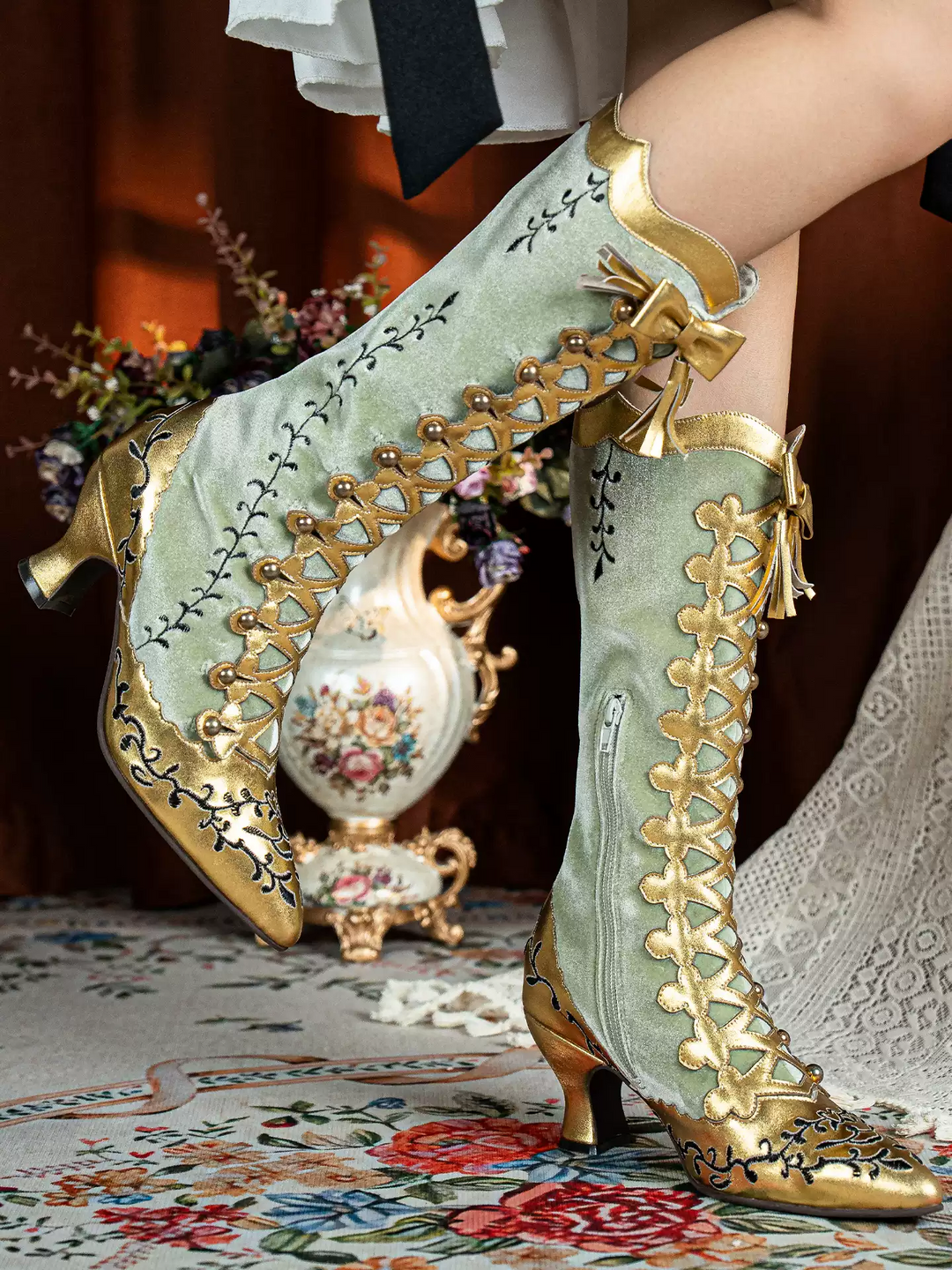 Handmade Rococo Sage Gold and Green Lambskin Leather Silk Mid-Calf Boots with Bow