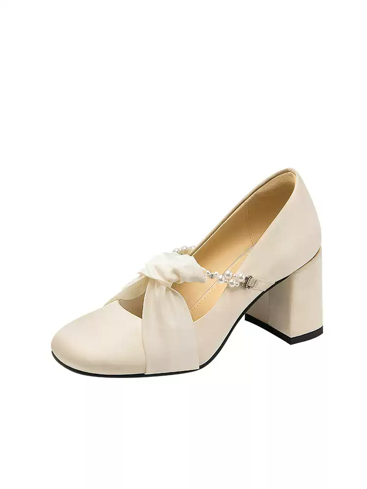 Lolita Champagne Pearl Strap Mary Jane Heels with Round Toe and Block Heel