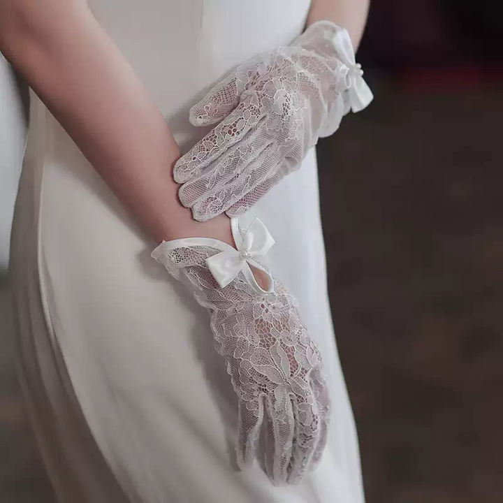 Elegance White Floral Lace Bridal Gloves with Satin Bow