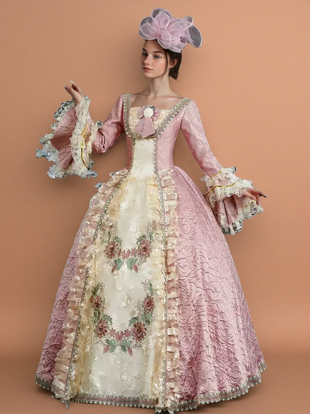 Marie Antoinette Rococo Style Dress in Pink Floral Brocade with Embroidered Front Panel – Baroque Wedding Gown Plus Size