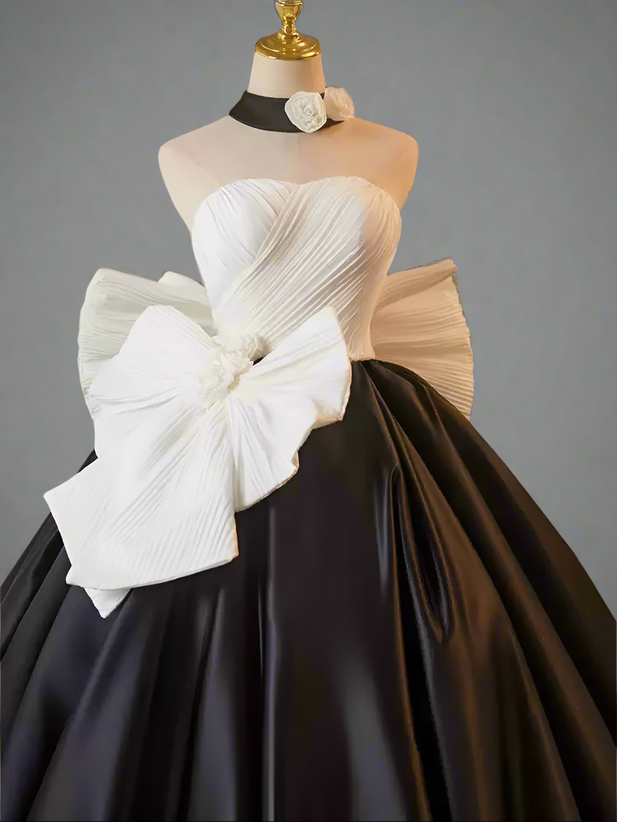 Gothic Black and White Ball Gown with Oversized Bow - Strapless Ball Gown - Elegant Formal Evening Dress Plus Size