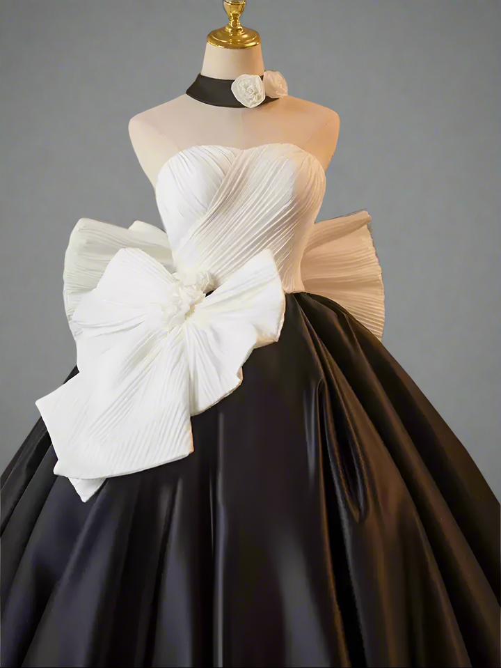 Gothic Black and White Ball Gown with Oversized Bow - Strapless Ball Gown - Elegant Formal Evening Dress Plus Size