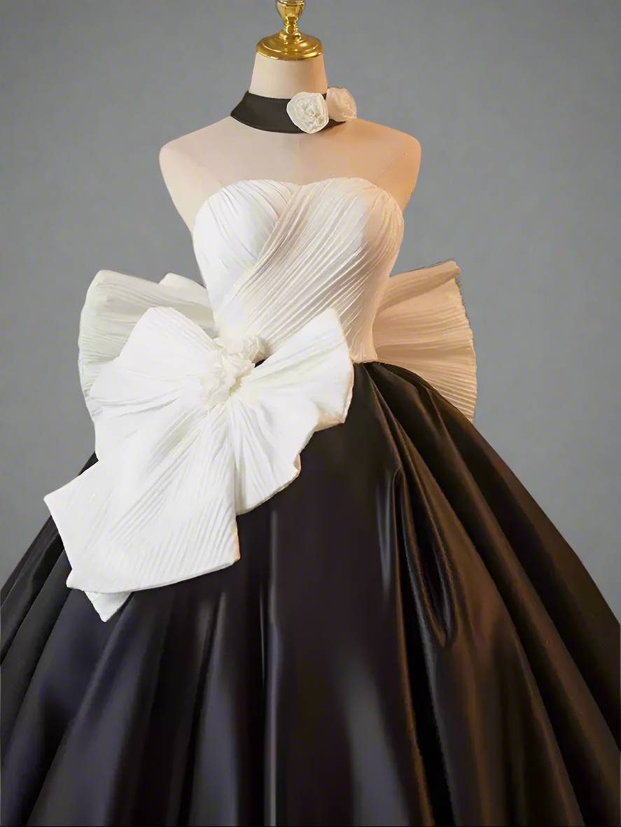 Gothic Black and White Ball Gown with Oversized Bow - Strapless Ball Gown - Elegant Formal Evening Dress Plus Size Size 16W / Black / No Choker Gothic Black and White Ball Gown with Oversized Bow - Strapless Ball Gown - Elegant Formal Evening Dress Plus Size Size 16W / Black / No Choker