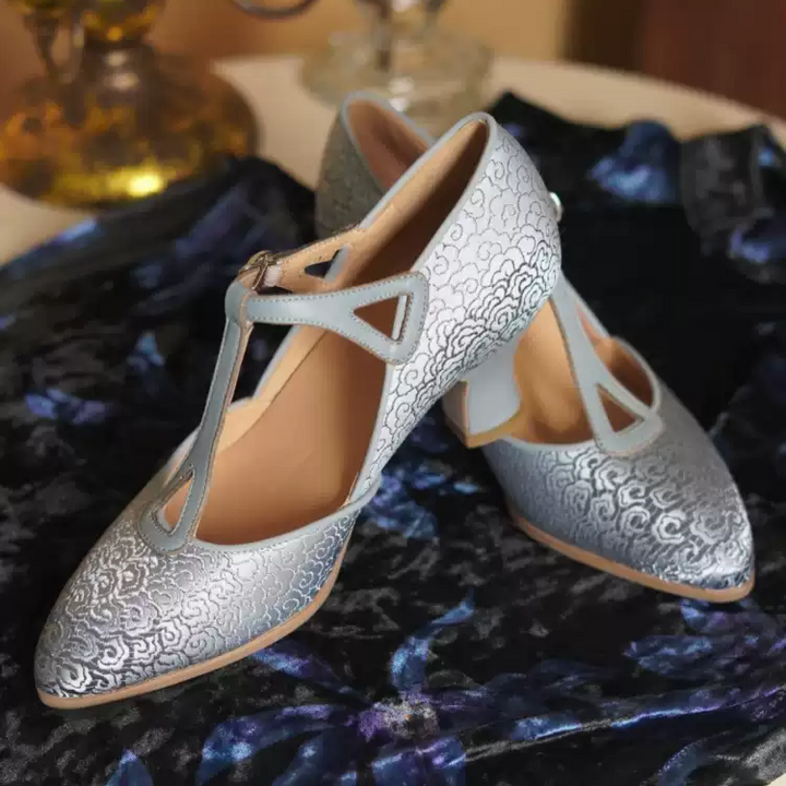 "Silver Petal Waltz" – Handmade Embroidered Satin T-Strap Heels