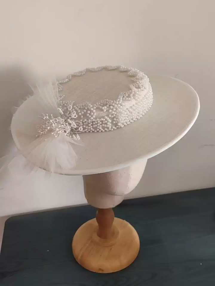 Vintage-Inspired White Wide Brim Hats with Pearl and Tulle