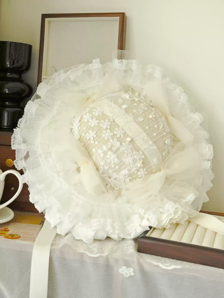 Vintage-Inspired White Lace Bonnet - Victorian Lace Hat with Ribbon Ties
