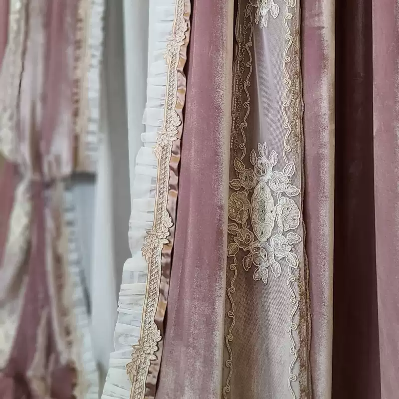 “Rosé Mornings” Rococo Curtains – Pink Velvet Versailles Drapes with Lace Trim for Romantic Home Interiors