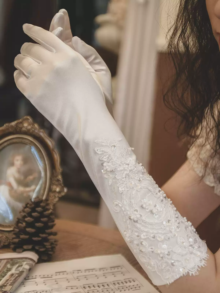 Luxurious Satin Bridal Gloves with Elegant Lace Detailing