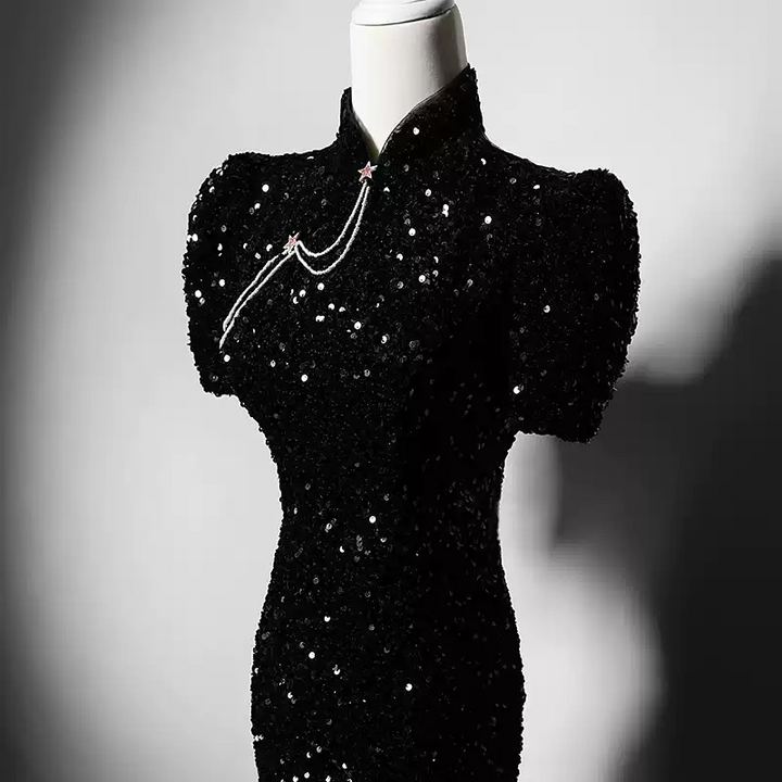 Black Sequin Cheongsam Dress with Pearl Details - Elegant Sleeveless Evening Gown with Puff Sleeves Plus Size