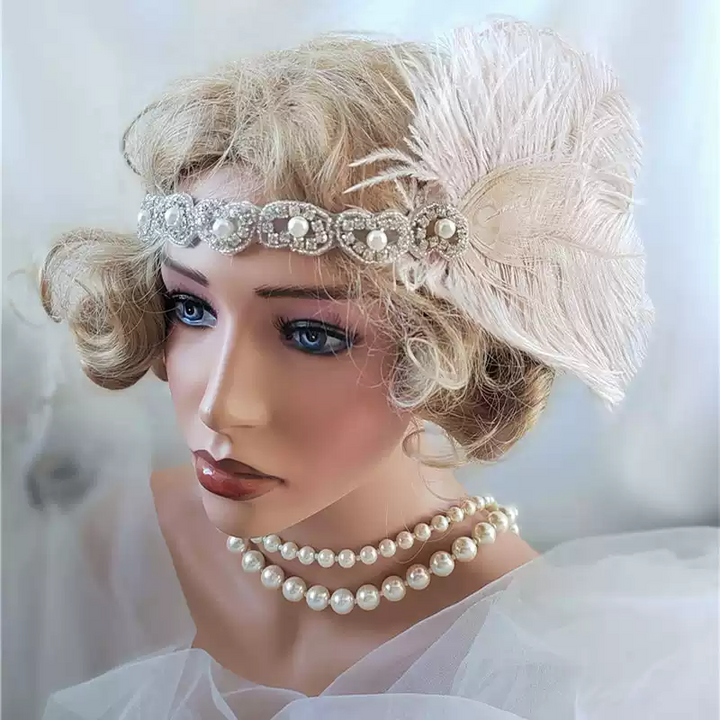 Vintage-Inspired 1920s Flapper Headband with Feather and Jewel Accents