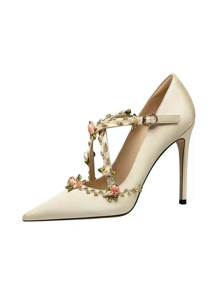 Vintage-Inspired Champagne Elegant Cross-Strap High Heels with Vine Details