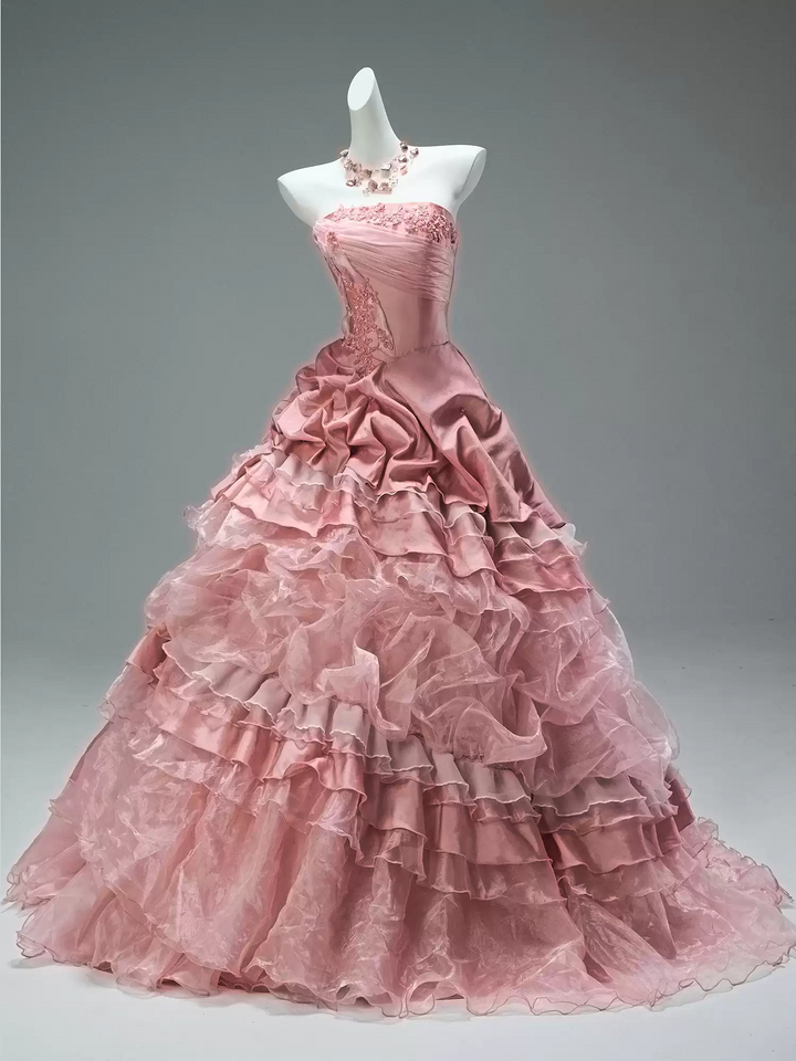 Pink Layered Tulle Ruffle Dress with Embroidery – Strapless Evening Dress with Corset Back Plus Size