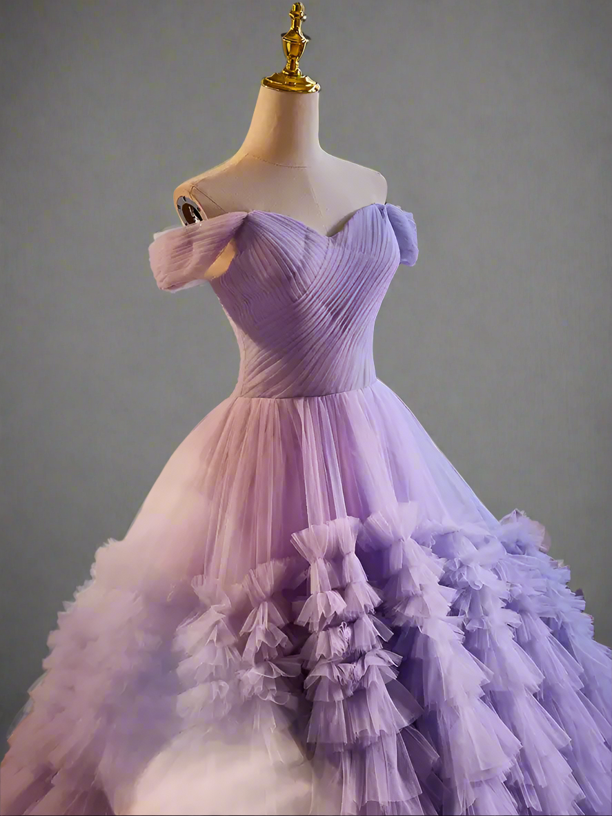 Elegant Woman Purple Ball Gown - Layered Tulle Ruffle Dress with Corset Back -  Purple Ball Gown with Layered Tulle Ruffle Skirt Plus Size