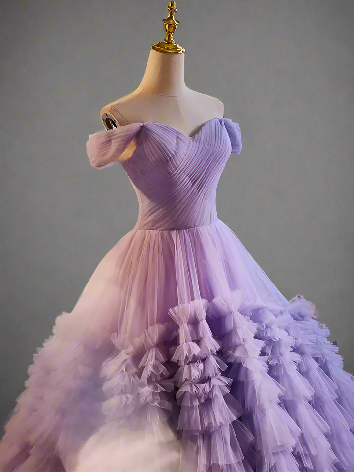 Elegant Woman Purple Ball Gown - Layered Tulle Ruffle Dress with Corset Back -  Purple Ball Gown with Layered Tulle Ruffle Skirt Plus Size