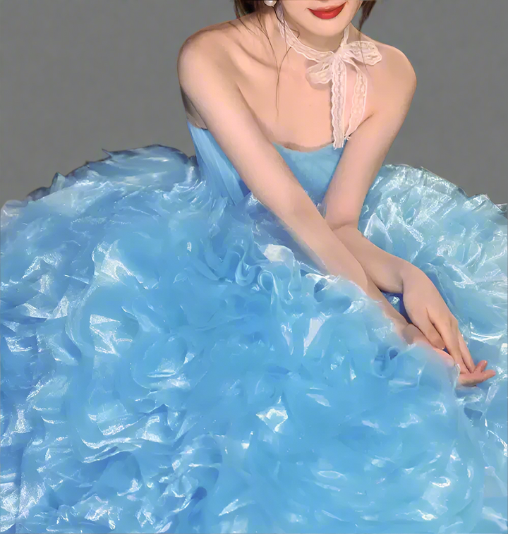 Blue Floral Ball Gown with Strapless – Elegant Blue Prom Dress with Floral Embellishments – Layered Tulle Ruffle Ball Dress with Corset Back Plus Size