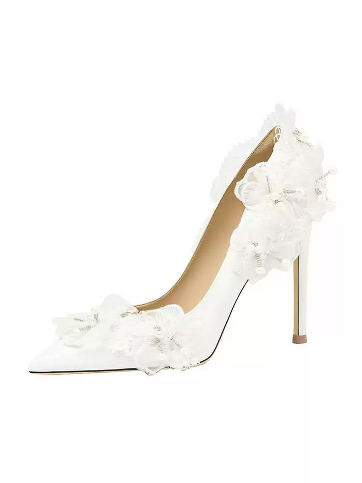 White Lace Bridal High Heels with Beaded Details