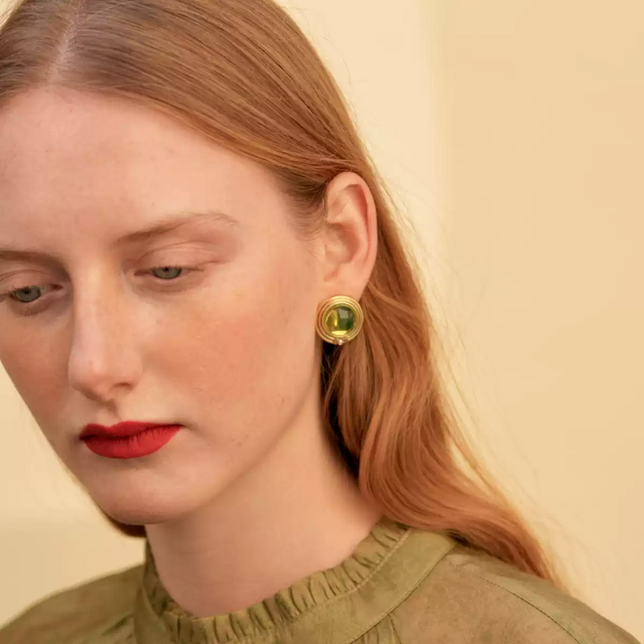Vintage-Inspired Cabochon Studs with Olive Resin and Gold Accents - Green Grape