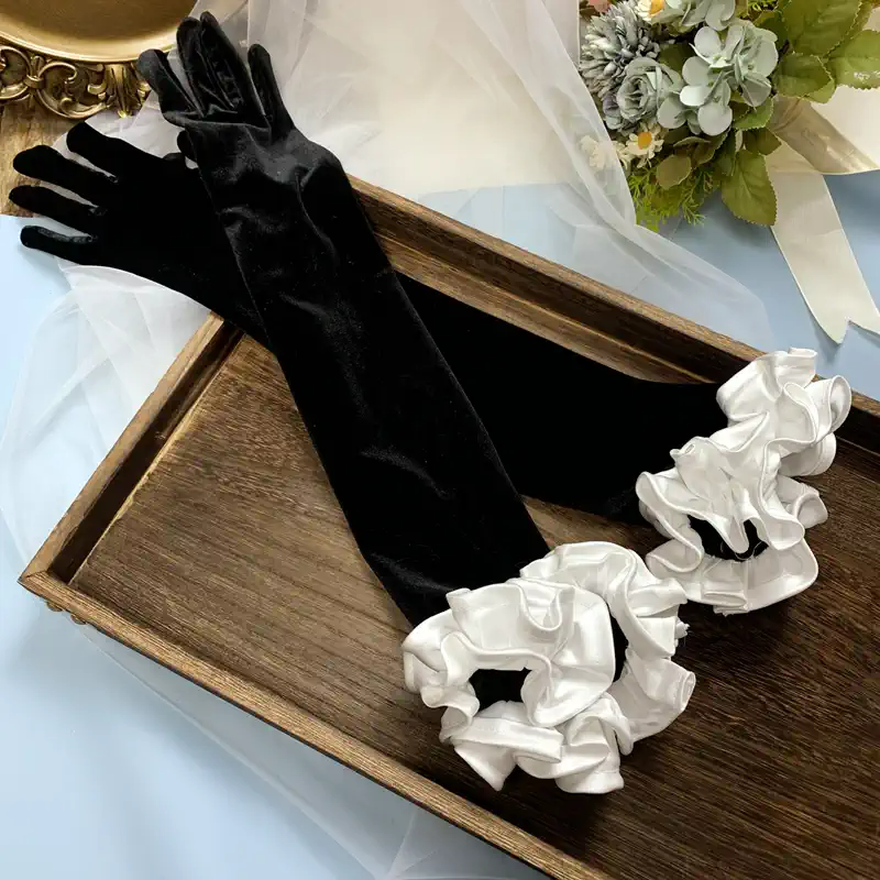 Long Black Velvet Bridal Gloves with White Satin Ruffle Accents