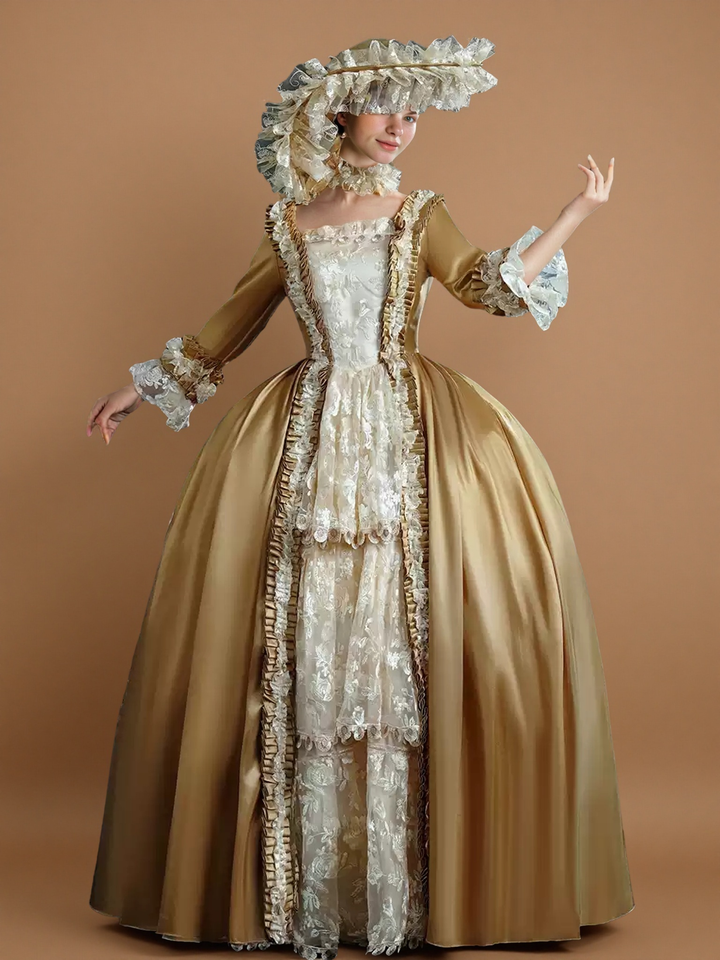 Golden Rococo Court Gown – Vintage Gold Satin Dress with Lace Ruffles and Pannier Silhouette