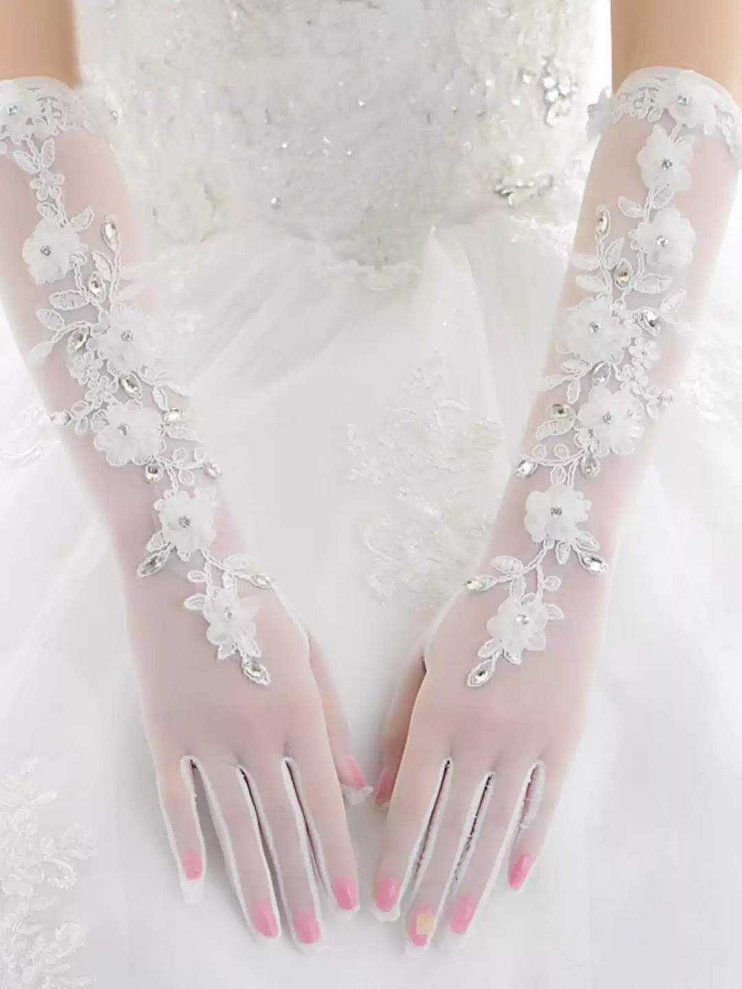 Luxurious White Lace Bridal Gloves with Crystal Embellishments