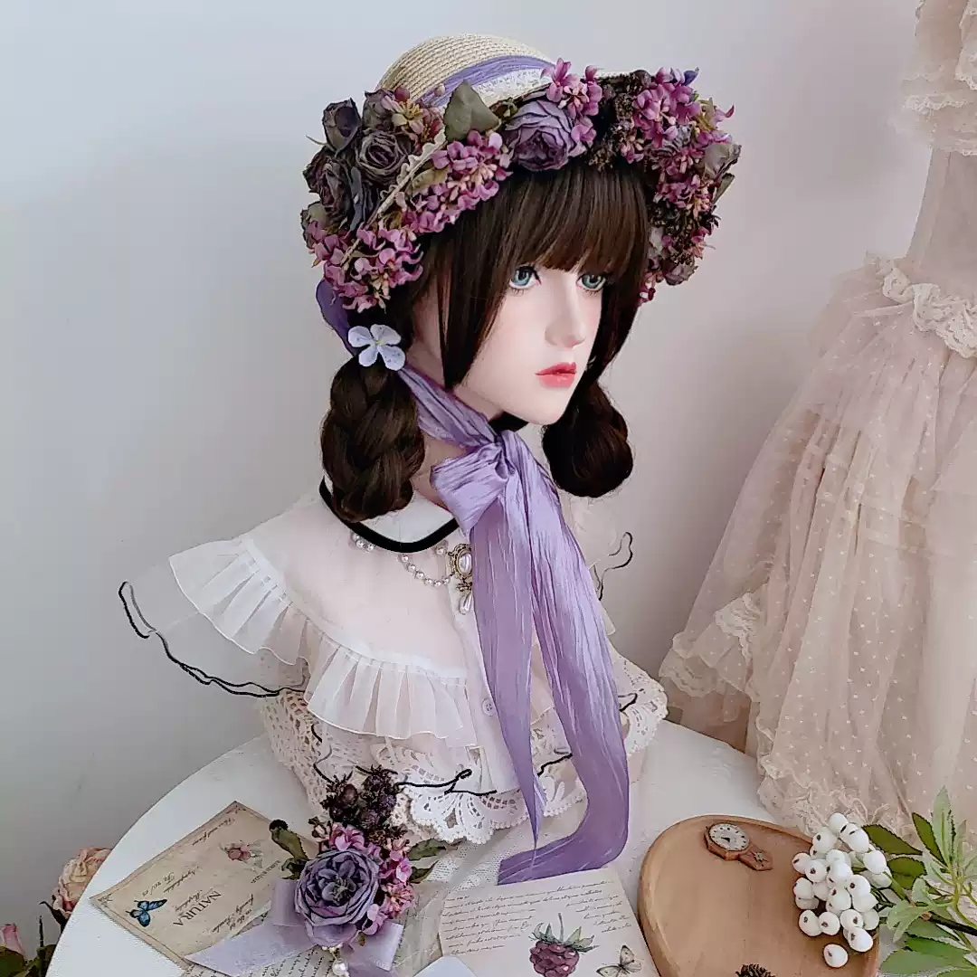 Regency Era Inspired Bonnet with Floral Accents - Purple Bonnet with Lavender Ribbon