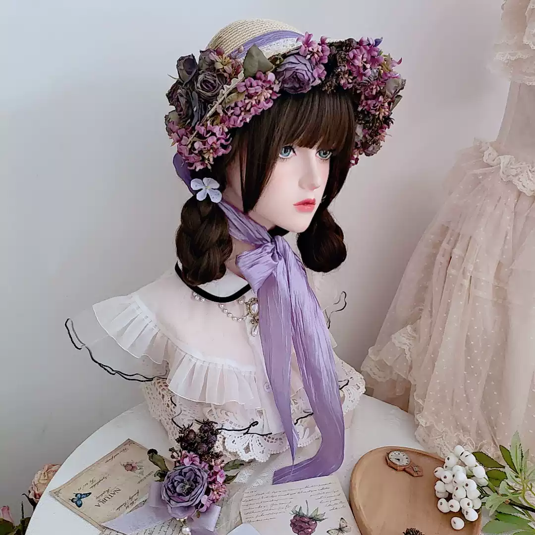 Regency Era Inspired Bonnet with Floral Accents Purple Bonnet