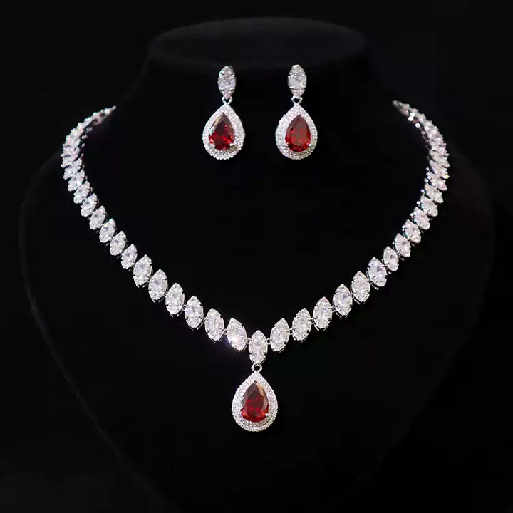 Elegant Red Zircon Necklace and Earrings Set – Burgundy Jewelry Set