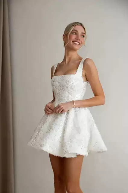 Short Bridal Wedding Dress with Sleeveless Design and Square Neckline  – Sequin Wedding Dress Beaded Plus Size