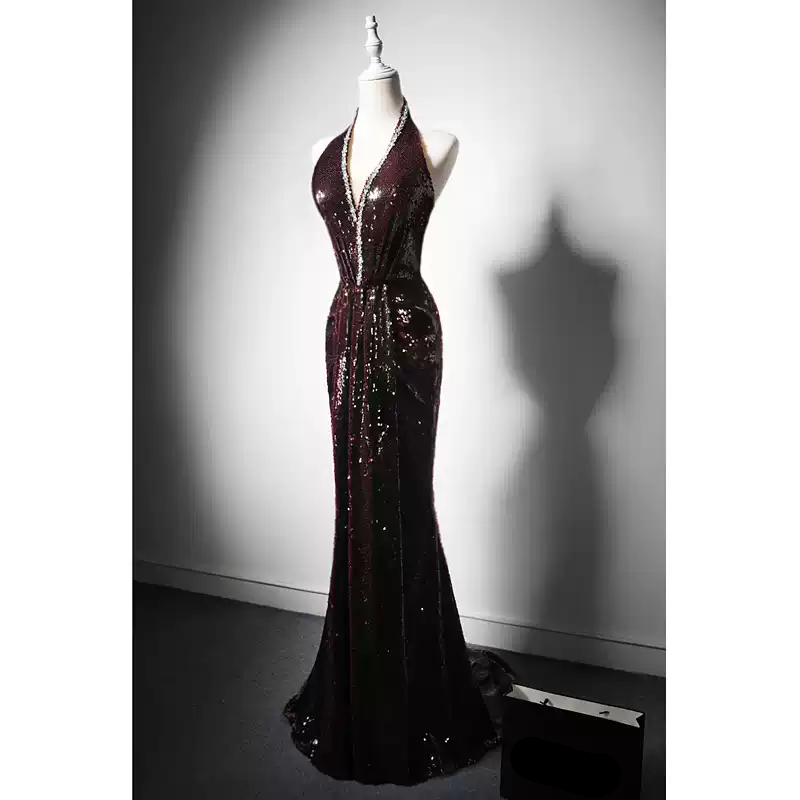 Gothic Red Evening Dress with Embellished Halter Neck - Designer Sequin Gown - Designer Sequin Gown Plus Size