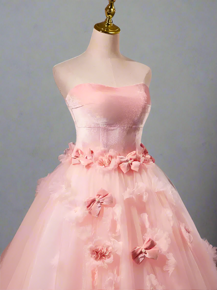 Pink Ball Gown with Floral Accessories - Corset Back Wedding Dress - Pink Flower Prom Dress with Tulle Plus Size