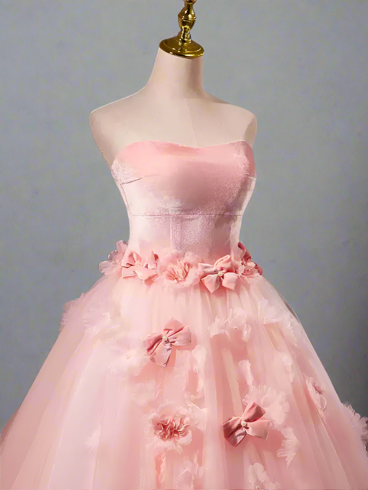 Pink Ball Gown with Floral Accessories - Corset Back Wedding Dress - Pink Flower Prom Dress with Tulle Plus Size