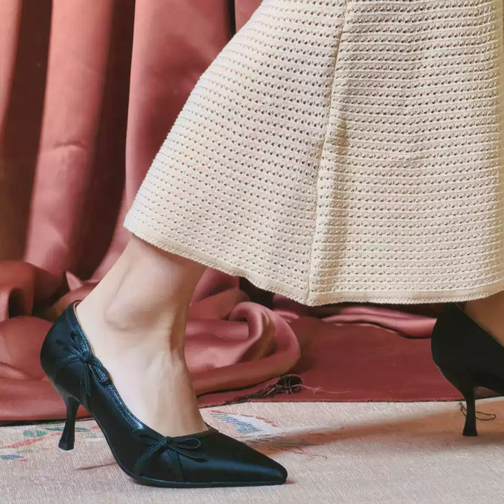 "Moonlight Muse" – Handmade Vintage Satin High Heels with Bow Detail