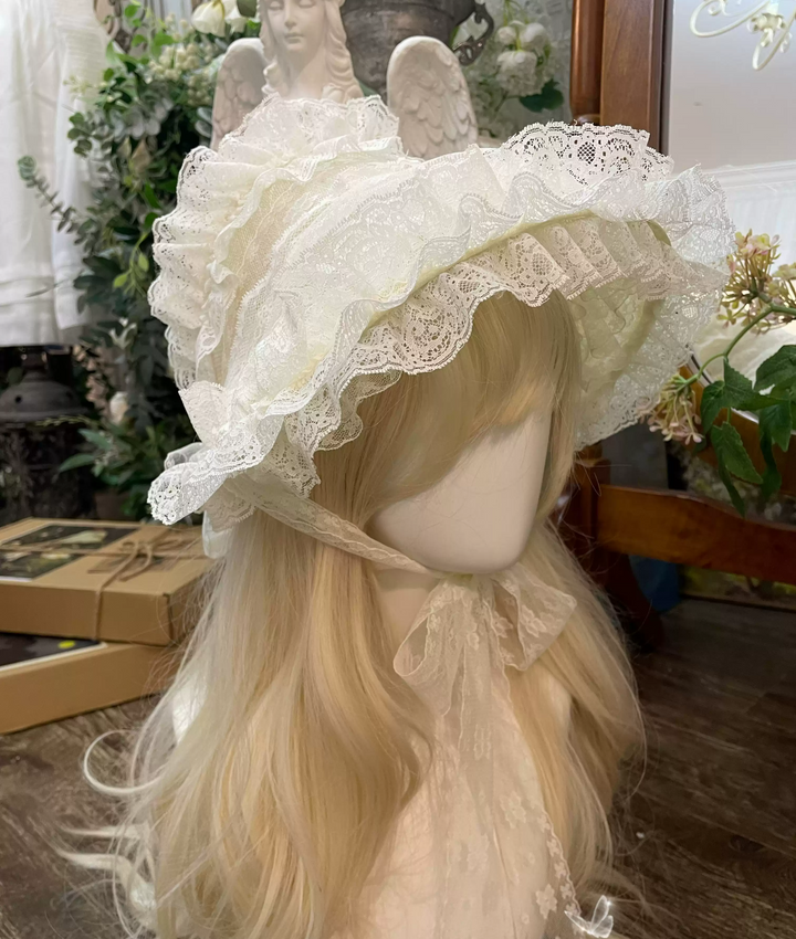 Handmade Floral Lace Lolita Hat - Vintage-Inspired Lace Bonnet with Ribbon Ties