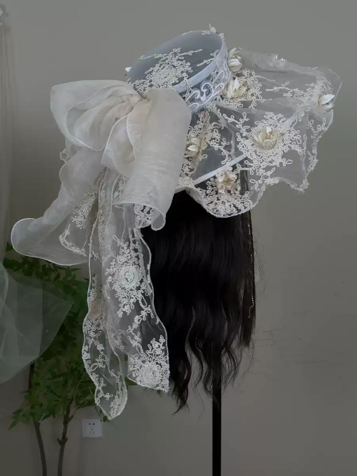 Vintage Beige Handcrafted Lace Hat with Ruffle Brim - Wedding Hats with Bow