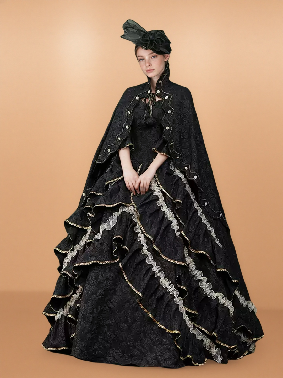 Gothic Black Victorian Ball Gown with Ruffle Cape – Vintage Court Dress with Lace Trim and Statement Hat