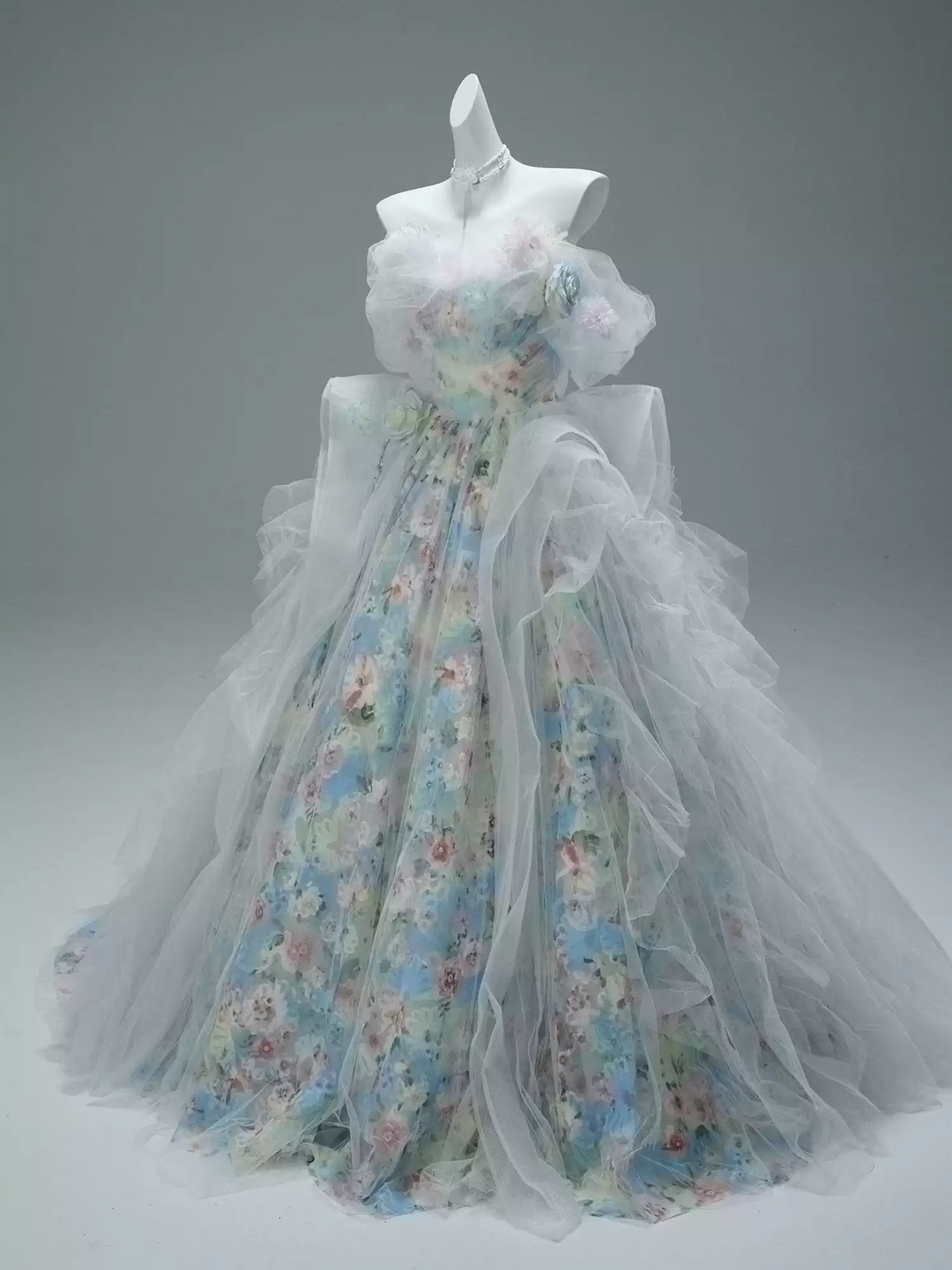 Blue Fairytale Floral Evening Dress with Oversized Bow – Off the Shoulder Evening Dress with Corset Back Plus Size