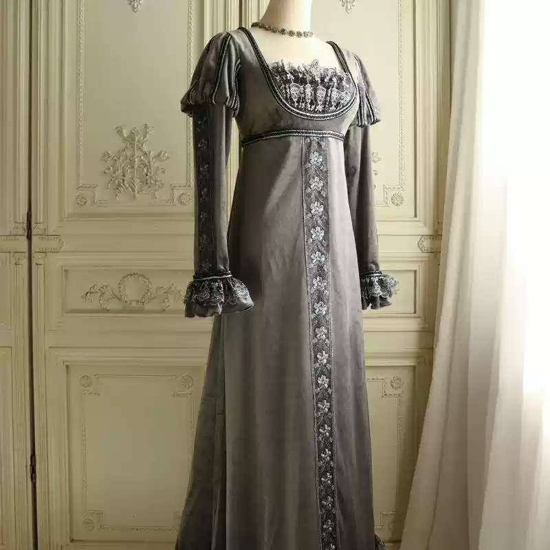 Gray Medieval-Inspired Empire Waist Gown in Grey Velvet – Long Sleeve Medieval Dress with Embroidered Trim Plus Size