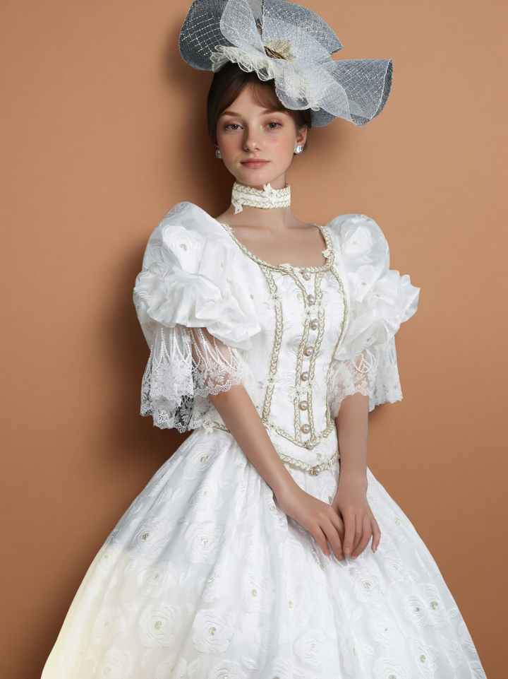 Marie Antoinette Rococo Ball Gown – White Rococo Sand Dress with Puff Sleeves and Embroidered Floral Detail