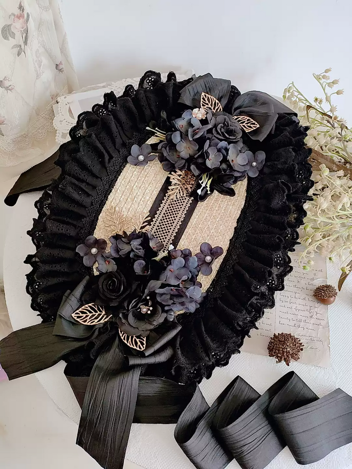 Gothic Black Hat with Dramatic Floral Accents - Handmade Lolita Hat with Lace