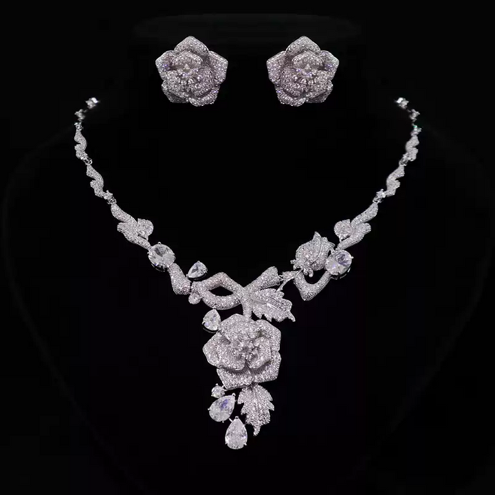 Rose Floral Rhinestone Necklace and Earrings Set – Vintage-Inspired Bridal Jewelry Set