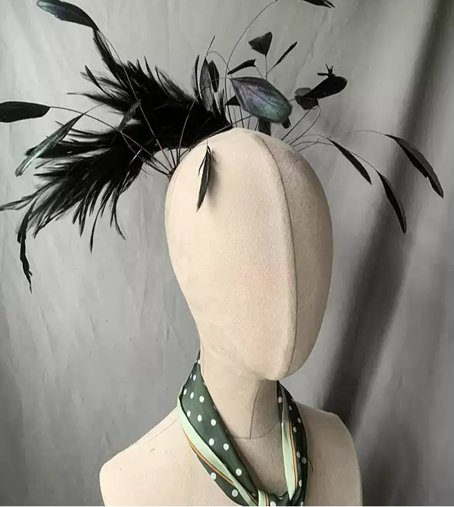 Elegant Black Fascinator with Dramatic Feather - Black Hat with Feather Details