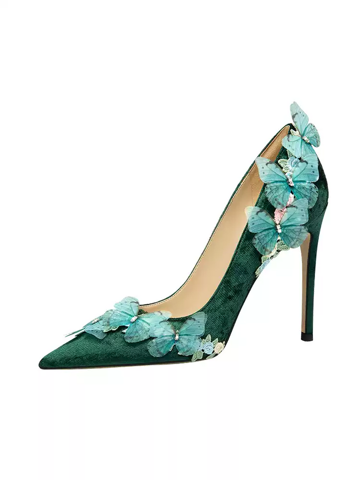 Vintage Inspired Green Velvet Pointed-Toe High Heels with Butterfly and Rhinestone Details