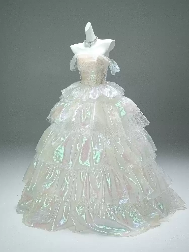 Layered Tulle Ruffle Dress with Off Shoulder Sleeves – White Ball Gown with Corset Back Plus Size