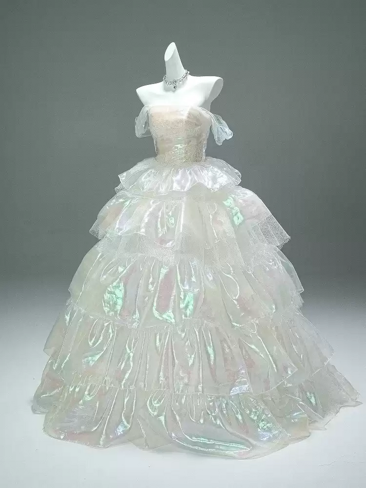 Layered Tulle Ruffle Dress with Off Shoulder Sleeves – White Ball Gown with Corset Back Plus Size