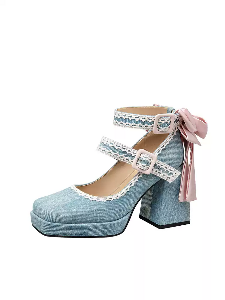 Vintage Inspired Blue Lolita Heels with Bow and Lace Detail