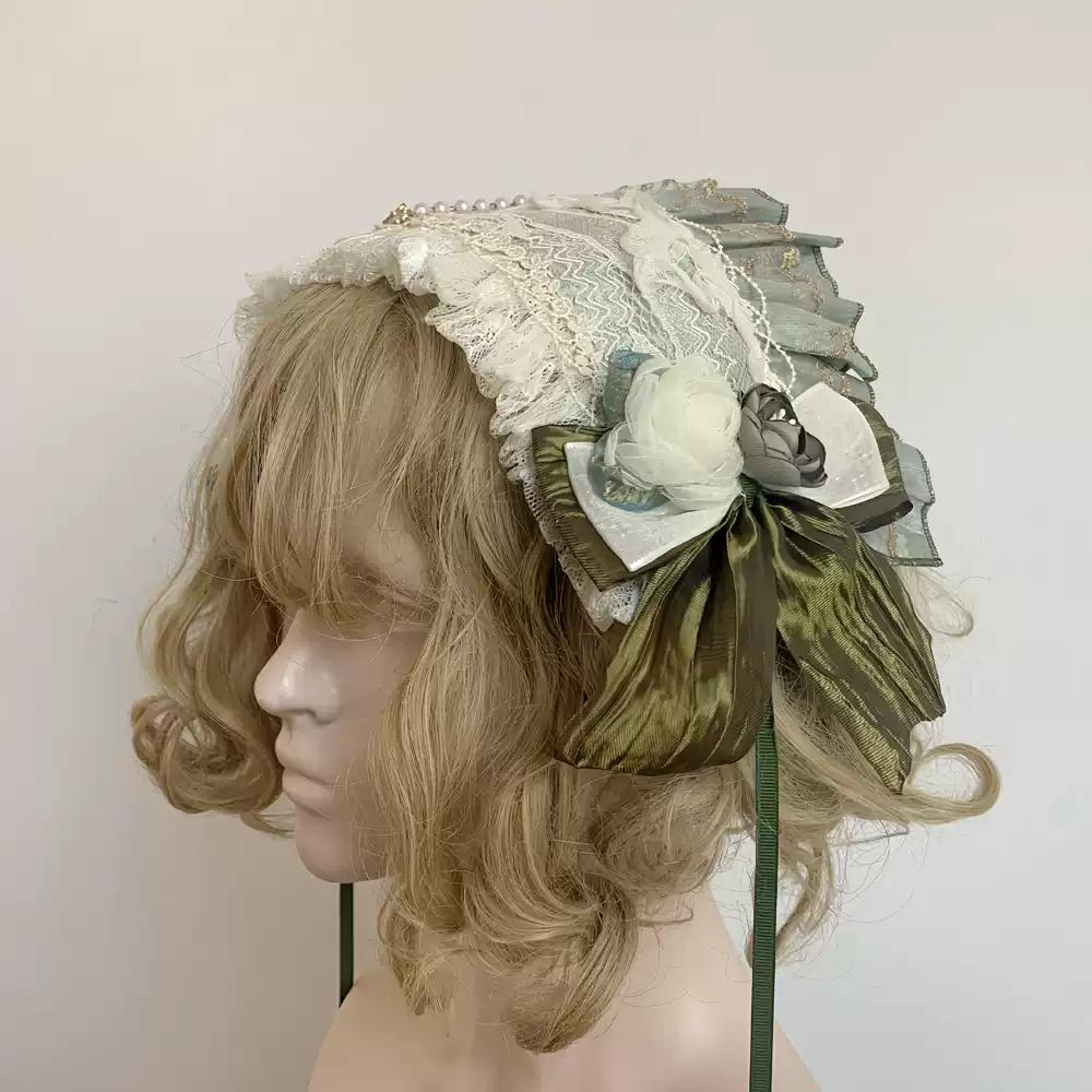 Handmade Green Lolita Hat with Exquisite Lace and Floral Embellishments